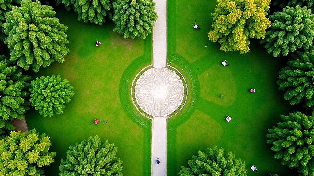 Vue aérienne du Parc du Cinquantenaire à Bruxelles avec ses allées vertes