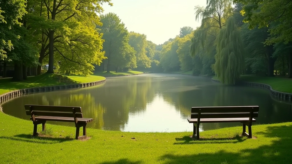 Lac du Bois de la Cambre à Bruxelles avec reflet des arbres dans l'eau calme et bancs de repos à proximité
