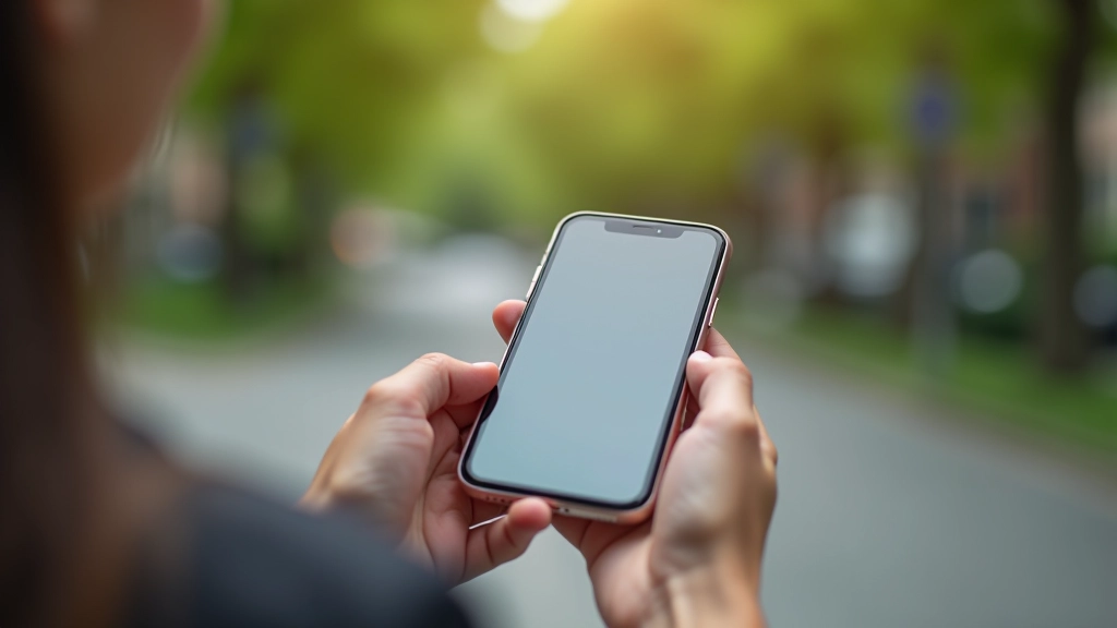 Gros plan sur des mains tenant un téléphone avec une application de méditation ouverte, environnement urbain flou en arrière-plan