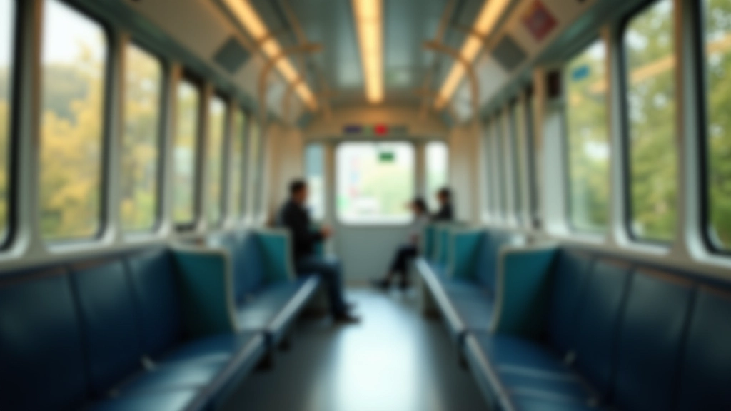 Vue intérieure d'un wagon de métro avec des sièges, fenêtre latérale, lumière naturelle