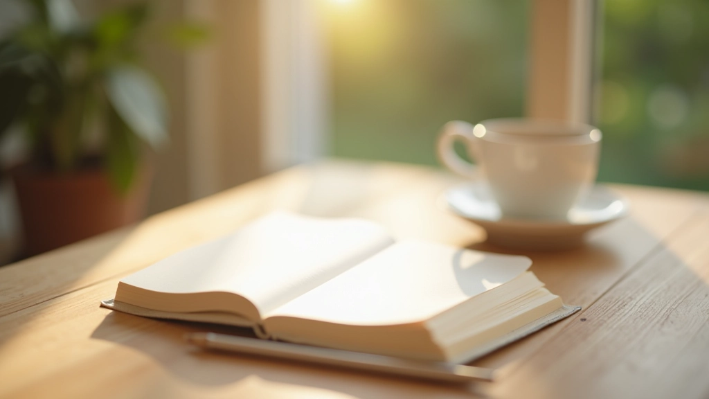 Journal et stylo posés sur une table, à côté d'une tasse de thé, représentant la réflexion personnelle
