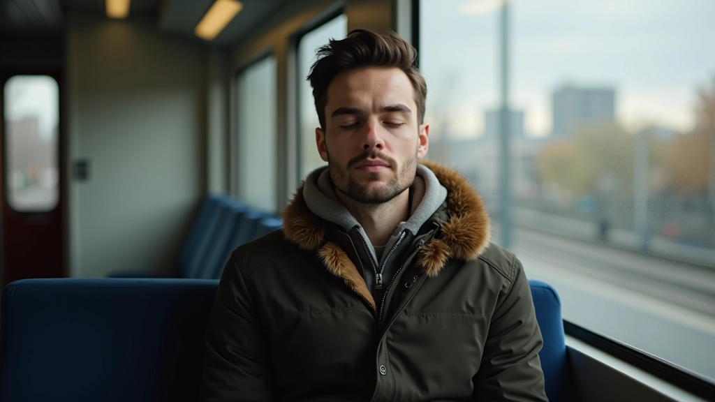 Personne dans un wagon de tram avec les yeux fermés, effectuant un exercice de respiration