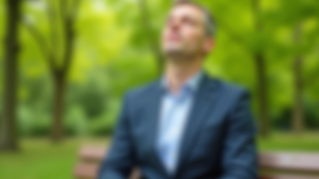 Homme en costume assis sur un banc de parc verdoyant, yeux fermés, respiration calme, environnement urbain naturel