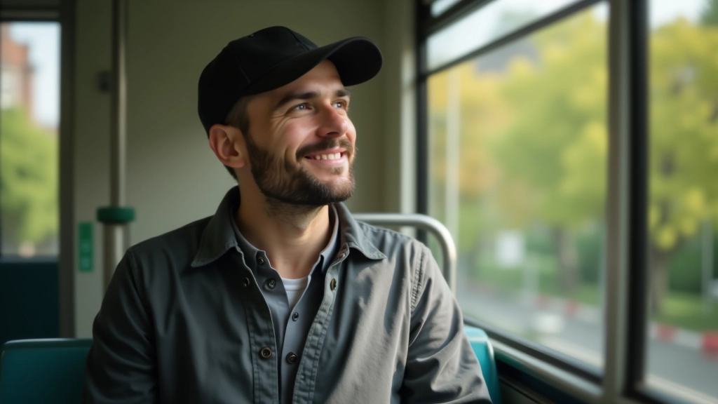 Homme dans un siège de tram, regardant par la fenêtre, respiration calme, posture relaxée
