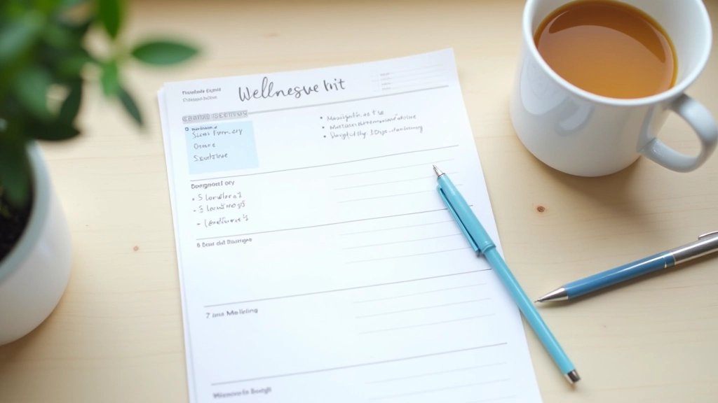 Vue de dessus d'un carnet avec des plans de routine écrit à la main, stylo bleu à côté, café chaud en arrière-plan sur un bureau clair