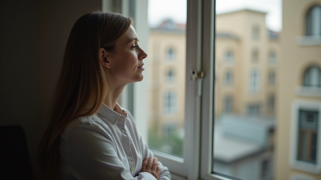 Personne regardant par une fenêtre avec expression paisible, paysage urbain de Bruxelles visible dehors