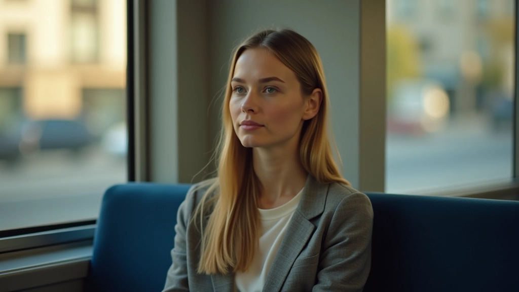 Personne assise dans un wagon de tram, pratiquant un exercice de respiration simple, yeux fermés