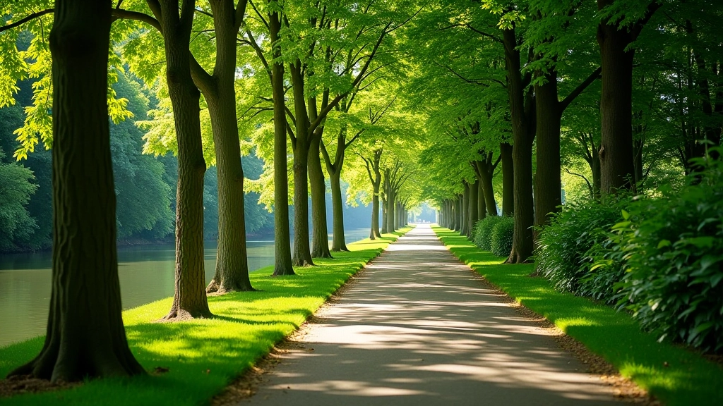 Parc de la Boverie à Liège avec sentiers boisés longeant la Meuse et arbres matures créant une atmosphère sereine
