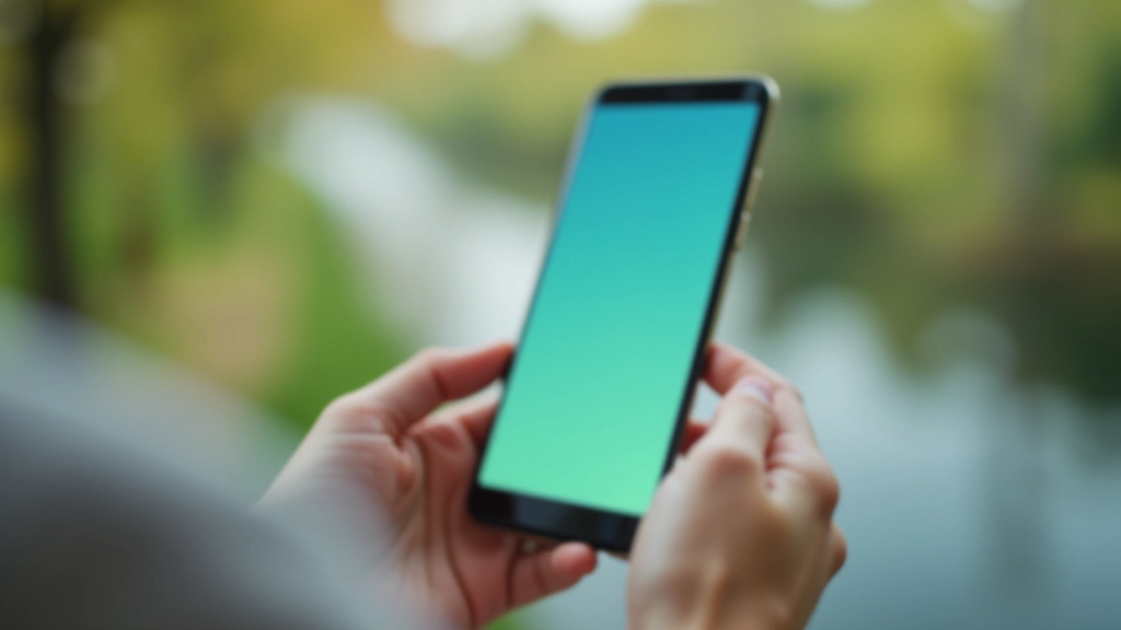 Écran de smartphone affichant une interface d'application de méditation minimaliste, couleurs apaisantes bleu et vert, tenu par deux mains en gros plan