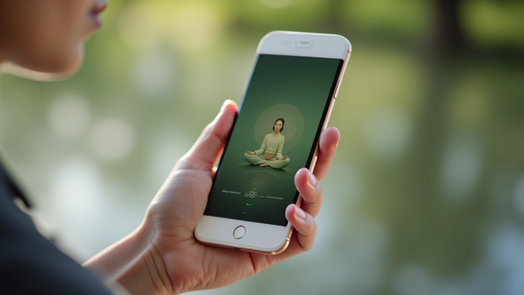 Main tenant un téléphone avec une application de méditation affichée sur l'écran, sur un fond clair