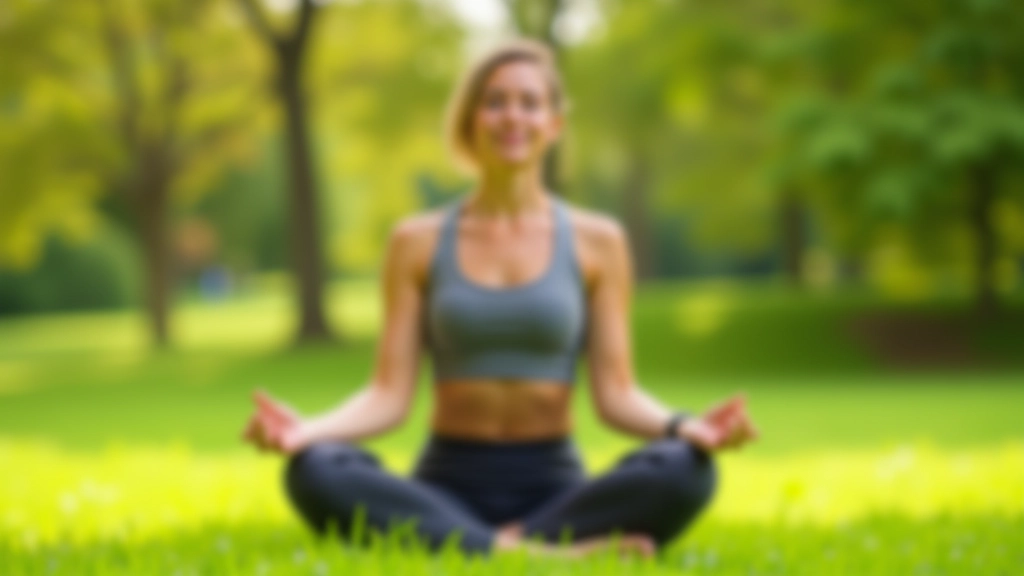 Femme en position de méditation dans un parc urbain, avec des bâtiments modernes en arrière-plan