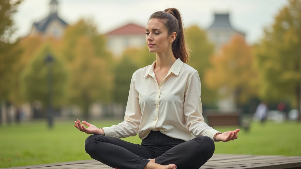 Personne assise en position de méditation dans un parc urbain avec immeubles en arrière-plan