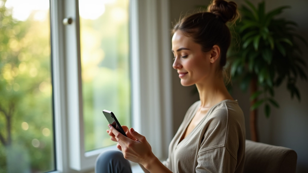 Femme assise confortablement dans une pièce lumineuse avec plantes vertes, tenant un téléphone avec une application de méditation