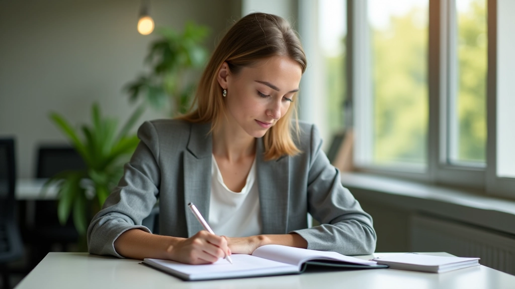 Femme assise à son bureau avec un planning de routine de bien-être écrit sur un carnet