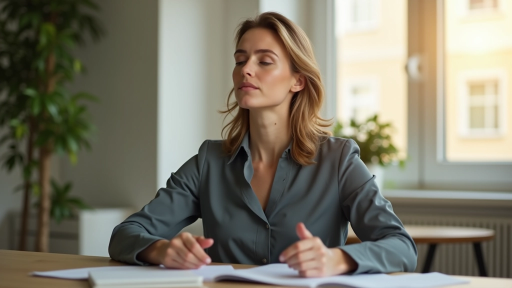 Femme en tenue professionnelle assise calmement à son bureau, regard serein, lumière naturelle douce, matin en arrière-plan