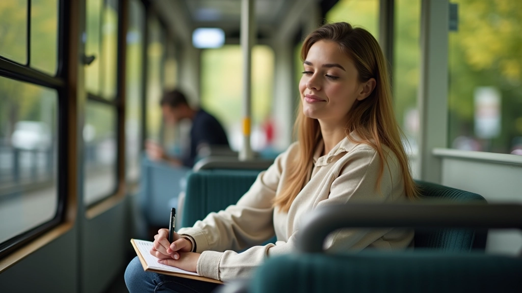 Femme dans un wagon de tram, pratiquant une respiration abdominale profonde, posture détendue