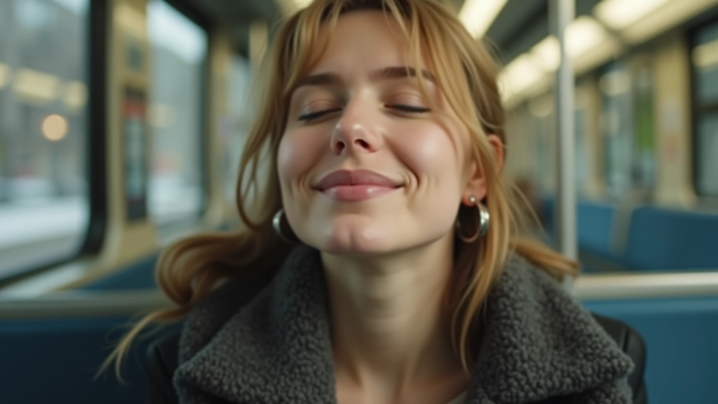 Passagère dans le métro avec les yeux fermés, prenant un moment de respiration consciente